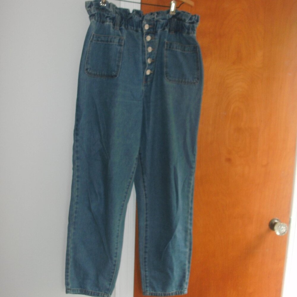 tgla Paper Bag Waist Button Fly Tapered Leg Cotton Denim Blue Jeans size L